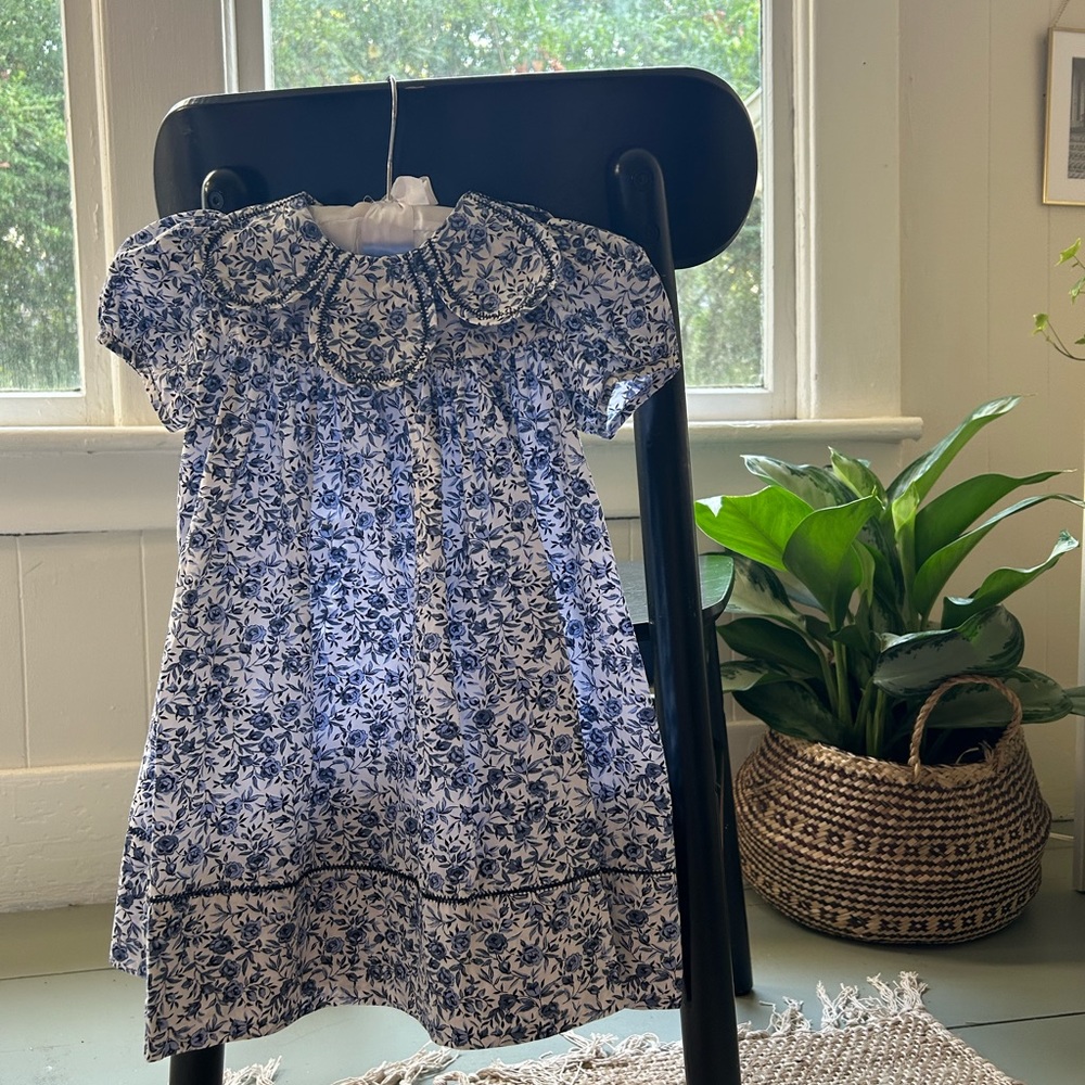 Blue Floral Cotton Dress with Petal Collar